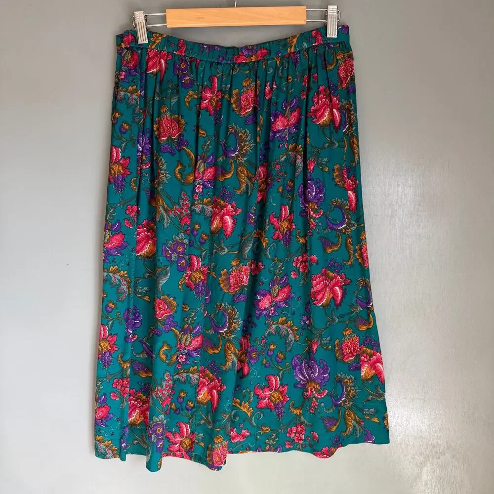 Vintage ALFRED DUNNER Women's 16 Green/Blue Floral Full Midi Retro Skirt 90's - Picture 6 of 9